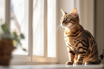 Environmental portrait photography of a cute bengal cat exploring against a bright window. With generative AI technology