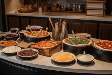 pizza bar, with a variety of sauces, cheeses, and toppings for guests to create their own custom pizza, created with generative ai