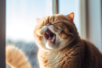 Lifestyle portrait photography of a happy exotic shorthair cat growling against a bright window. With generative AI technology