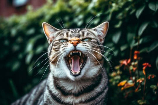 Medium shot portrait photography of a smiling american shorthair cat meowing against a garden backdrop. With generative AI technology
