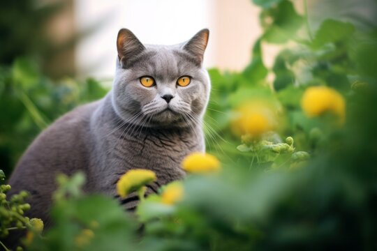 Environmental portrait photography of a smiling british shorthair cat growling against a garden backdrop. With generative AI technology