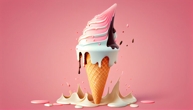 Melting ice cream cone brown background Ai generated image