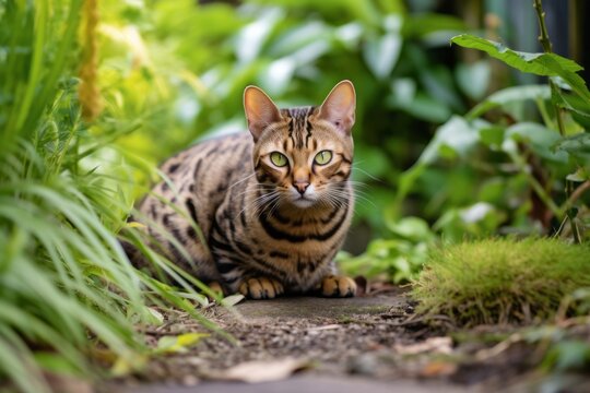 Full-length portrait photography of a tired bengal cat crouching against a garden backdrop. With generative AI technology