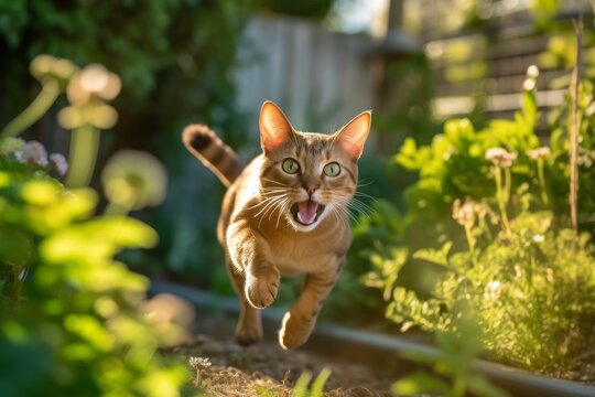 Environmental portrait photography of a smiling abyssinian cat pouncing against a garden backdrop. With generative AI technology