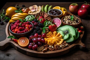 Fototapeta na wymiar platter of colorful and fresh fruits, veggies, and nuts for a plant-based vegan meal, created with generative ai