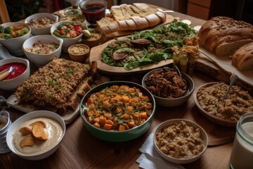Obraz premium plant-based and vegan feast, with various dishes including salads, soups, and baked goods, created with generative ai