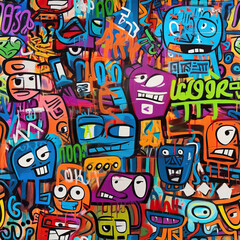 Obraz premium Funky doodles seamless repeat pattern - colorful graffiti abstract art