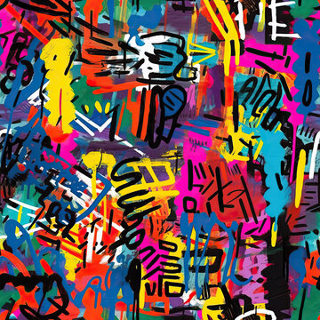 Fototapeta Funky doodles seamless repeat pattern - colorful graffiti abstract art [Generative AI] 