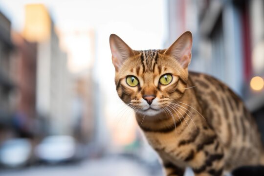 Medium shot portrait photography of a curious bengal cat investigating against an urban cityscape. With generative AI technology