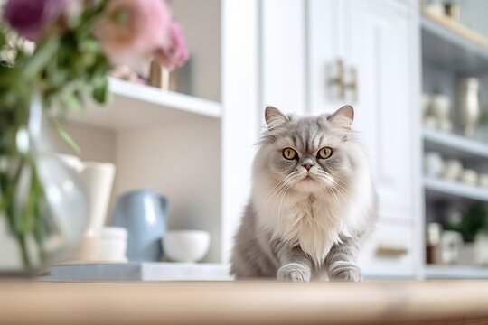 Lifestyle portrait photography of a curious persian cat back-arching against a modern kitchen setting. With generative AI technology