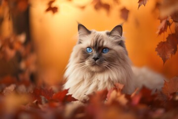 Naklejka na ściany i meble Studio portrait photography of a bored ragdoll cat playing against a rich autumn landscape. With generative AI technology