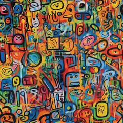 Fototapeta na wymiar Funky doodles seamless repeat pattern - colorful graffiti abstract art [Generative AI] 