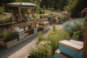 pollinator garden with beekeeping equipment, including hives and honey jars, created with generative ai