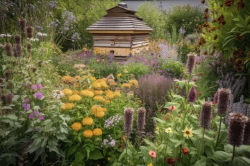 pollinator garden with beehive, surrounded by flowering plants, created with generative ai