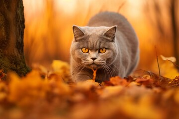 Naklejka na ściany i meble Environmental portrait photography of a funny british shorthair cat playing against a rich autumn landscape. With generative AI technology