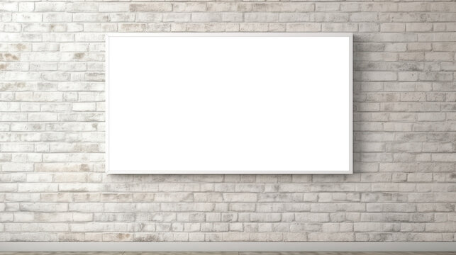 Blank photo frame or signboard mockup on white brick wall. generative ai