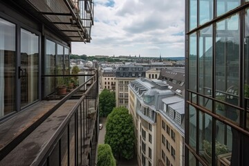 downpipe, with view of the bustling city center, and nearby shops and restaurants, created with generative ai