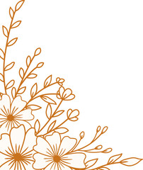 Elegant Gold floral corner border with hand drawn leaves and flowers for wedding or engagement