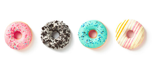 Four sweet donuts in colored glaze top view on a white background