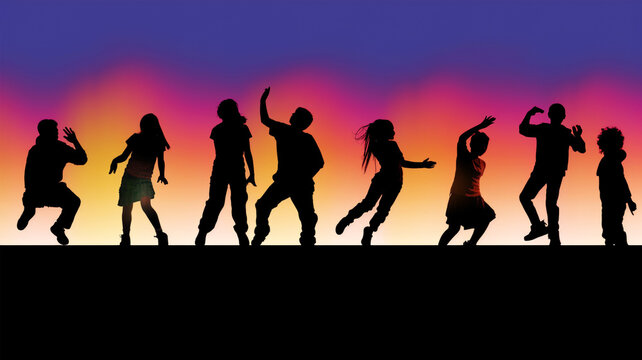 International Youth Day, a drawing of young people moving in front of the city and the skyline - Powered by Adobe