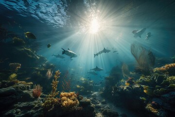 Fototapeta na wymiar stunning underwater scene with a mix of rays, sharks, and colorful fish, created with generative ai
