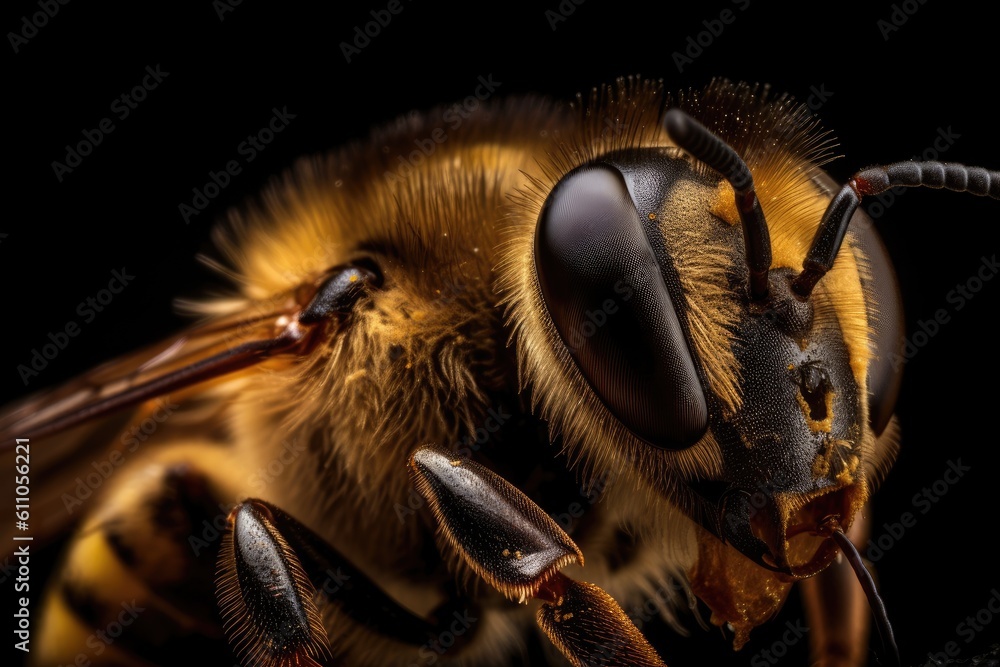 Poster macro of a bee on a black background. shallow depth of field. close up of a bee collecting honey, ai
