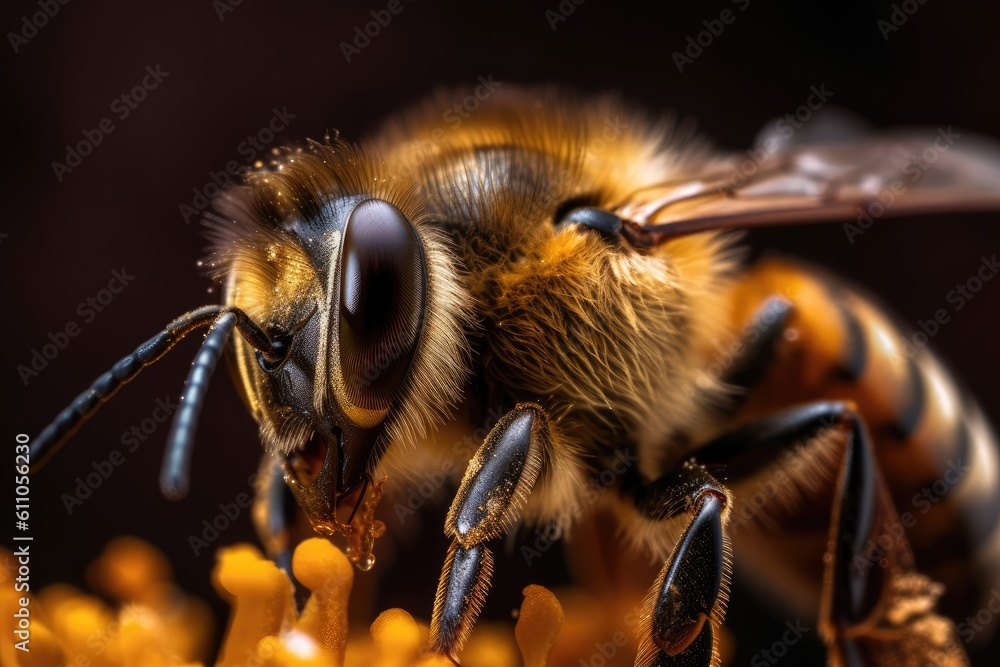 Poster close up of a bee on a flower. shallow depth of field. close up of a bee collecting honey, ai genera