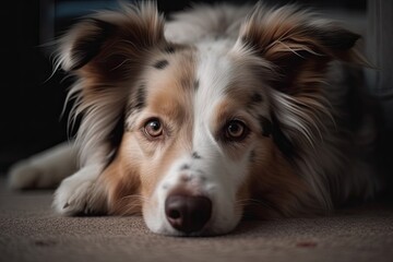 Portrait of border collie dog lying on the floor at home, Closeup of a dog lying on the carpet at home, AI Generated