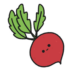 Hand-drawn Cute red radish, Cute fruit, vegetable, character design in doodle style