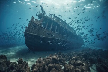 Fototapeta premium shipwreck surrounded by schools of fish swimming among shattered pieces of the ship, created with generative ai