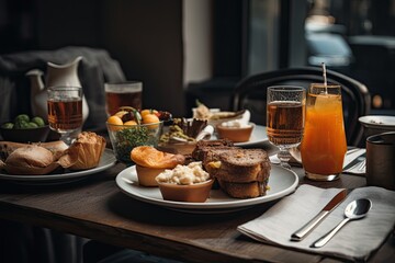 Breakfast served in a cafe with orange juice, coffee and sandwiches, Closeup of food and drink served on the table at the restaurant, AI Generated