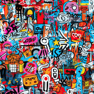 Funky doodles seamless repeat pattern - colorful graffiti abstract art