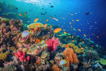 Fototapeta na wymiar coral reef with schools of tropical fish swimming among colorful corals, created with generative ai