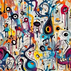 Foto op Plexiglas Funky doodles seamless repeat pattern - colorful graffiti abstract art [Generative AI]  © Roman