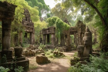 ancient ruins with towering stone statues and hidden treasures, created with generative ai