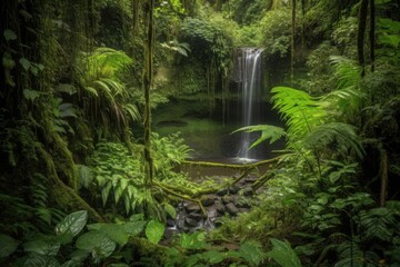 one cascading waterfall surrounded by a lush forest, with wildlife in view, created with generative ai