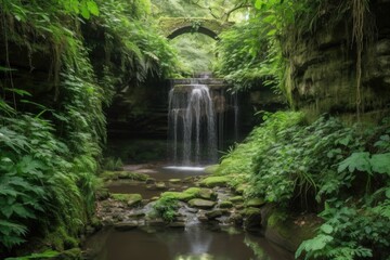 cascading waterfall with lush greenery in the background, created with generative ai