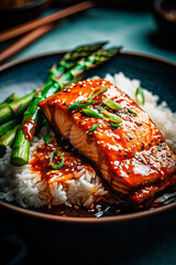 Teriyaki salmon, food, close-up fish with rice. Generative AI