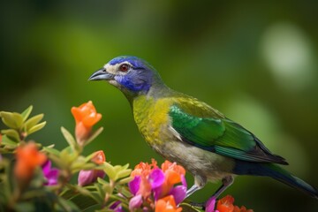 Fototapeta na wymiar colorful bird perched on flower, with lush green background, created with generative ai