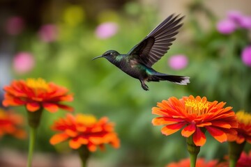 Fototapeta na wymiar hummingbird hovering over vibrant flower garden, created with generative ai
