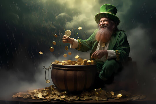 Leprechaun with pot of gold. Generative AI