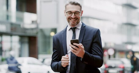 Business, happy man and dance with smartphone in city for notification of good news, winning deal and bonus. Excited entrepreneur, cellphone and dancing celebration in town for success of achievement