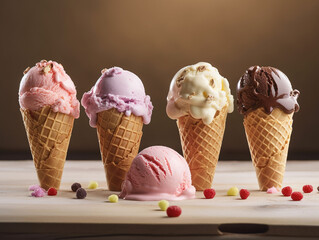 on table wafer cone with various fruit ice cream on brown background