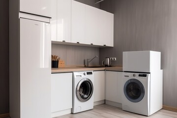 energy-efficient appliance, such as washing machine or refrigerator, in modern and sleek kitchen, created with generative ai