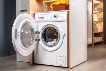 energy-efficient washing machine, with its door open and ready for use, created with generative ai