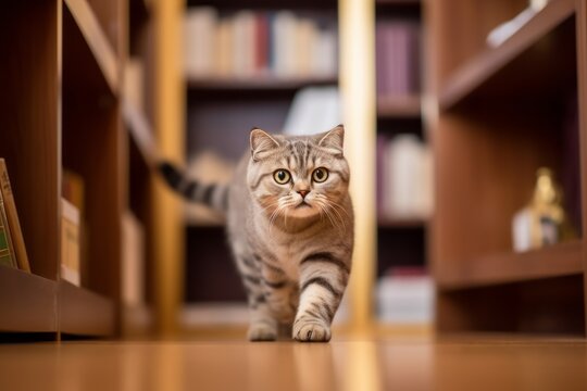 Lifestyle portrait photography of a curious scottish fold cat sprinting against an elegant bookshelf. With generative AI technology