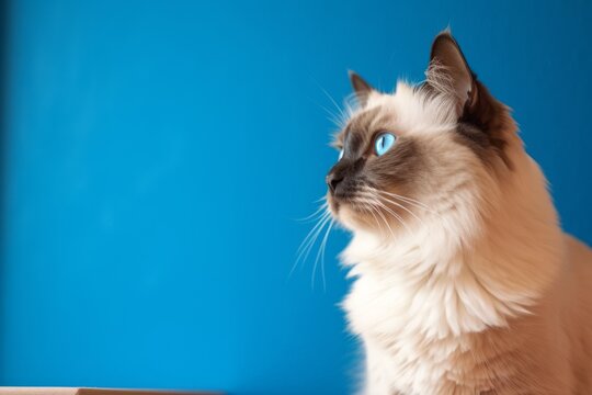 Lifestyle portrait photography of a happy ragdoll cat exploring against a vibrant colored wall. With generative AI technology