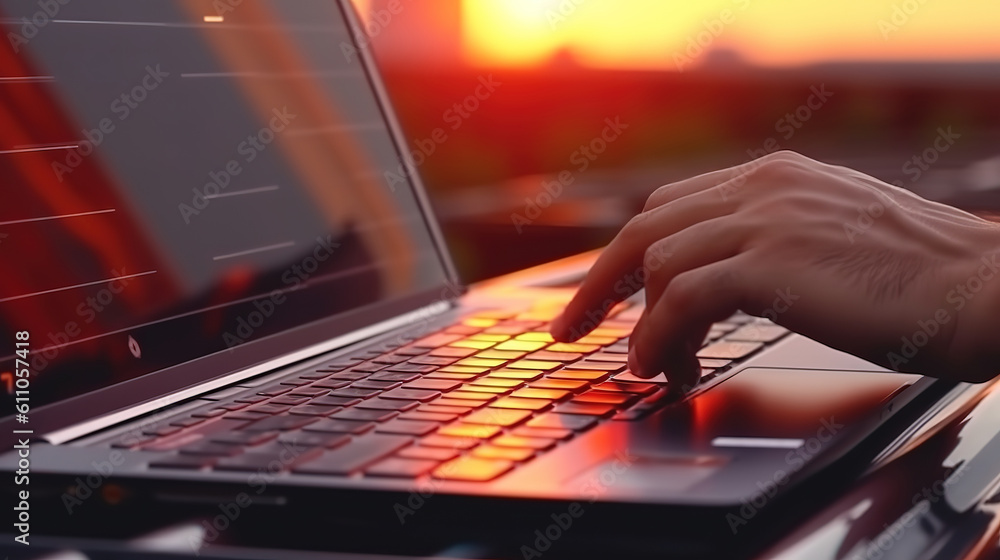 Poster hand of engineer using notebook on rooftop photovoltaic power station . generative ai