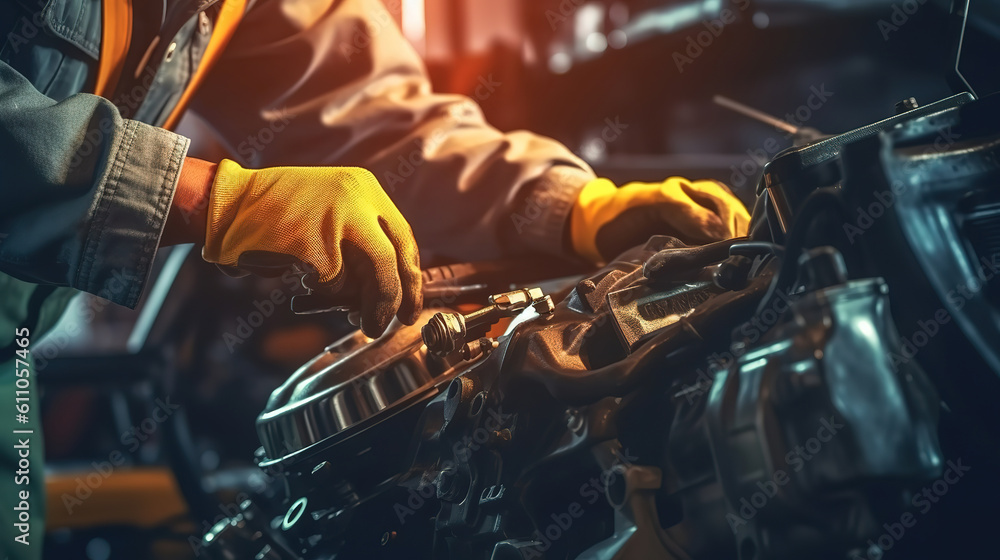 Poster mechanic using wrench while working on car engine at garage workshop. generative ai