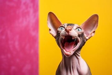 Lifestyle portrait photography of a happy cornish rex cat eating against a vibrant colored wall. With generative AI technology